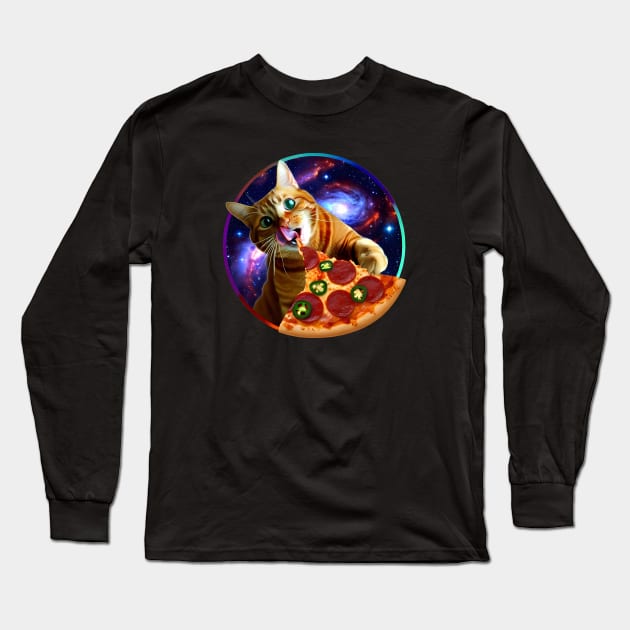 Funny Orange Cat eating Pizza in Space Long Sleeve T-Shirt by dukito